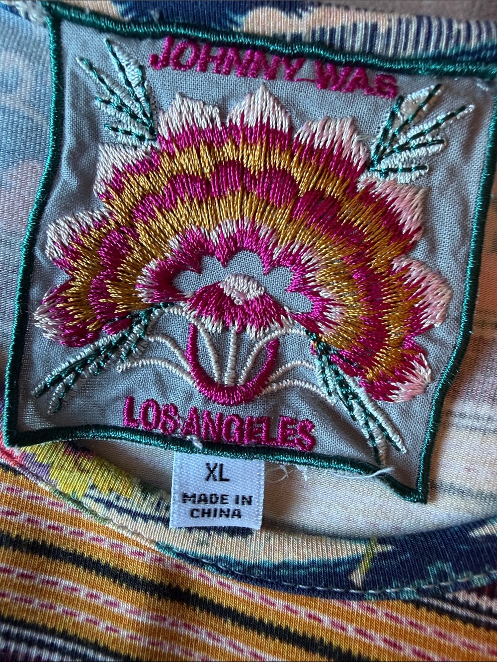 Johnny Was Multicolor Embroidered Floral Patch Tee - Magenta, Gold, Teal